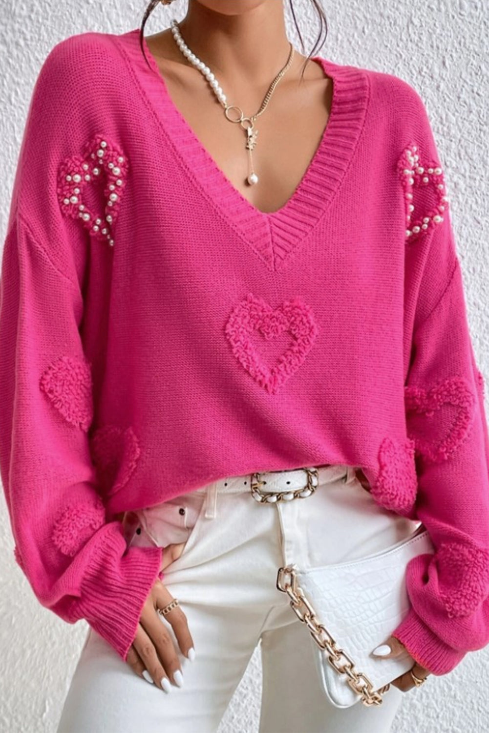 Sweater Rose Red Pearl Embellished Fuzzy Hearts V Neck