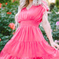 Strawberry Pink Ruched Sleeve V Neck Smock Waist Tiered Ruffled Dress