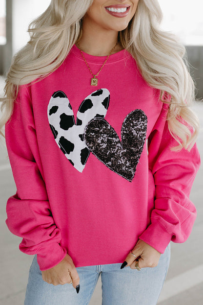 Sweat Shirt Pink Cow & Sequin Double Heart Patch Graphic