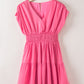 Strawberry Pink Ruched Sleeve V Neck Smock Waist Tiered Ruffled Dress