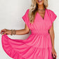 Strawberry Pink Ruched Sleeve V Neck Smock Waist Tiered Ruffled Dress