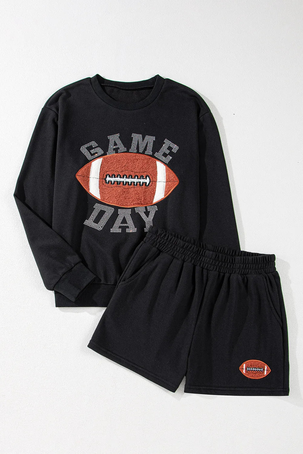 Casual GAME DAY Football Round Neck Long Sleeve Top and Shorts Set