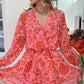 Fiery Red Floral Ruffle Layered Puff Sleeve Surplice Dress