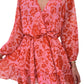 Fiery Red Floral Ruffle Layered Puff Sleeve Surplice Dress