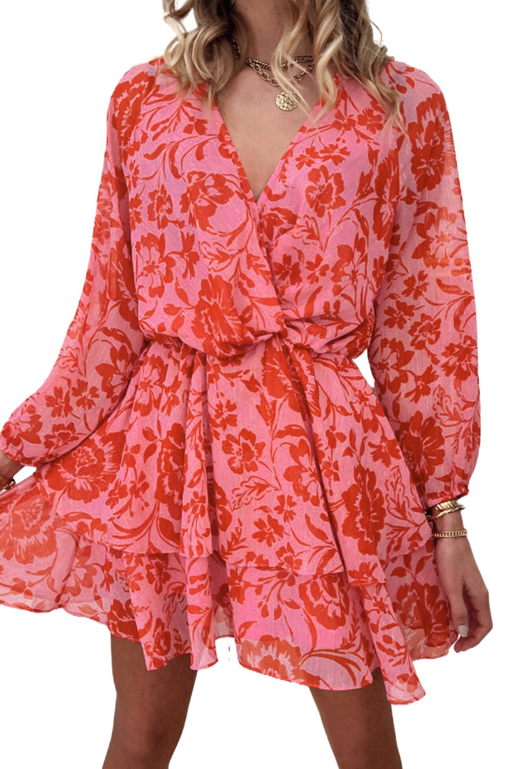 Fiery Red Floral Ruffle Layered Puff Sleeve Surplice Dress