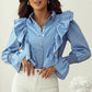 Ruffled Button Up Long Sleeve Denim Top