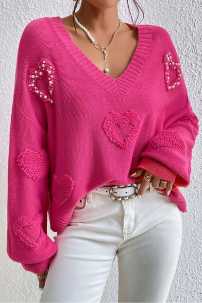 Sweater Rose Red Pearl Embellished Fuzzy Hearts V Neck