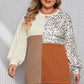 Khaki Ribbed Color Block Leopard Splicing Plus Size Top