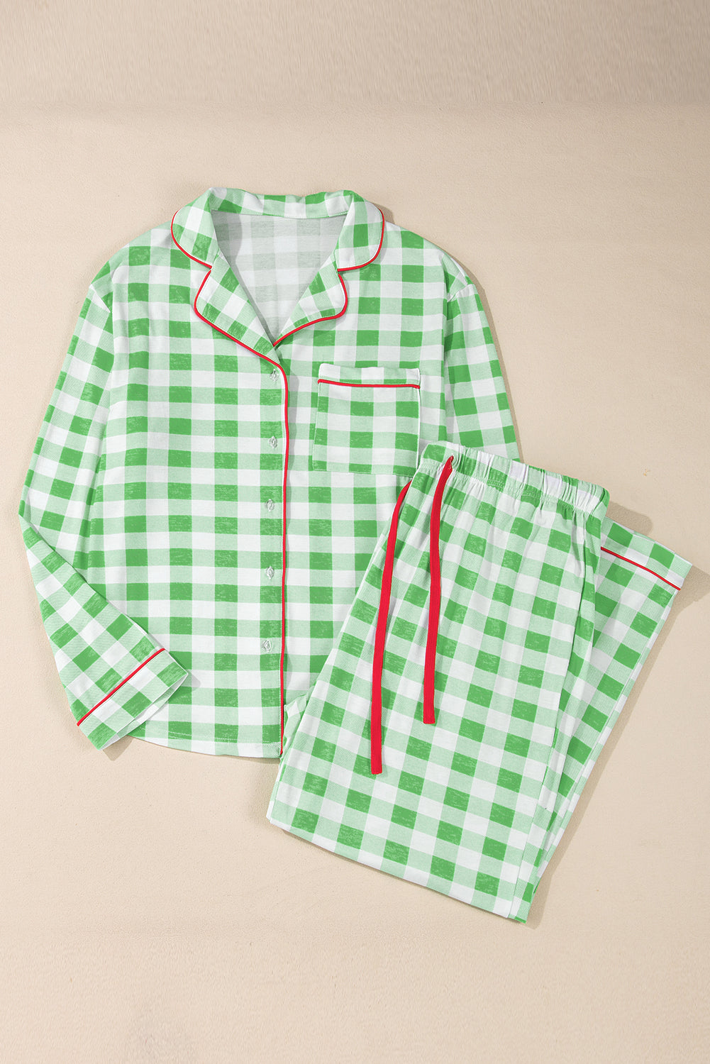 Pajamas Plaid Collared Neck Long Sleeve Top and Set