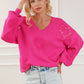 Sweater Rose Red Pearl Embellished Fuzzy Hearts V Neck