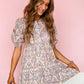 Pink Floral Button Shirt Collar Puff Sleeve Ruffle Dress