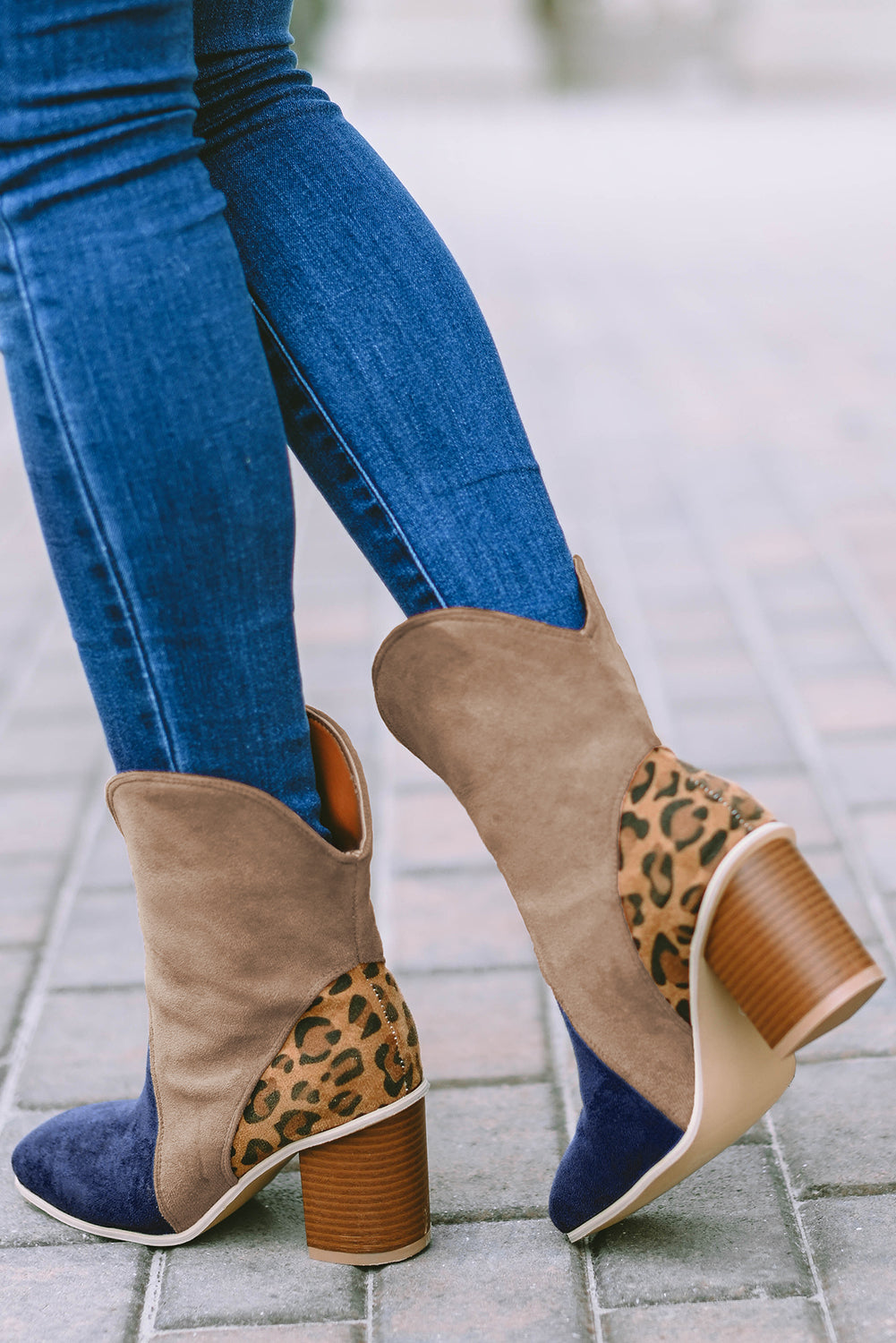 Boots Leopard Print Color Block Patchwork Heeled