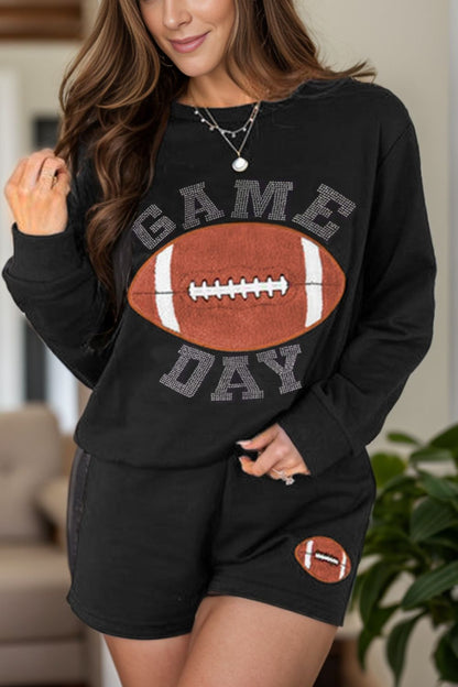 Casual GAME DAY Football Round Neck Long Sleeve Top and Shorts Set