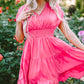 Strawberry Pink Ruched Sleeve V Neck Smock Waist Tiered Ruffled Dress