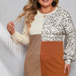 Khaki Ribbed Color Block Leopard Splicing Plus Size Top