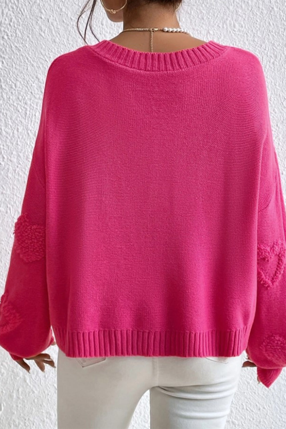 Sweater Rose Red Pearl Embellished Fuzzy Hearts V Neck