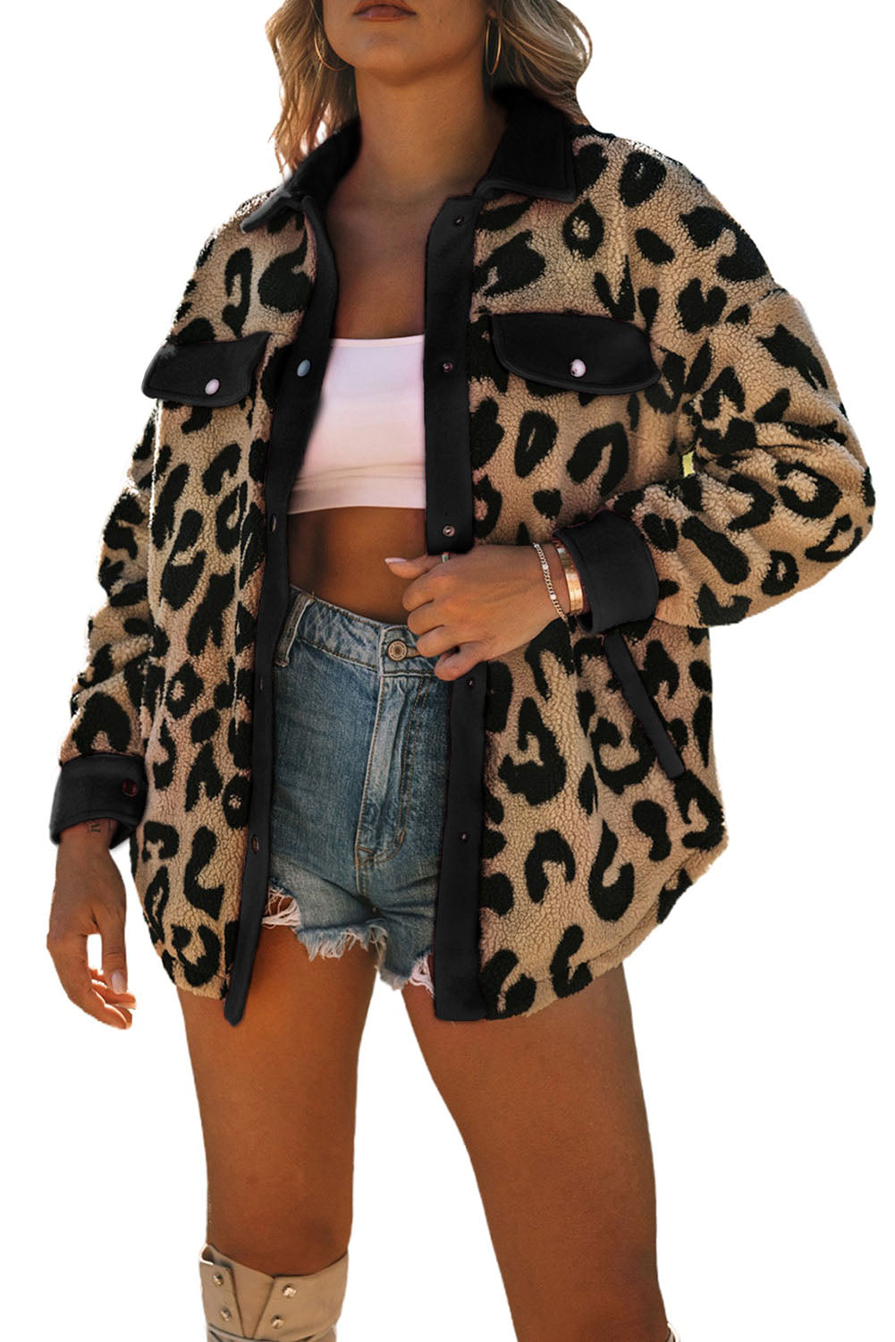 Jacket Shacket Shirt Black Contrast Trimmed Leopard Teddy