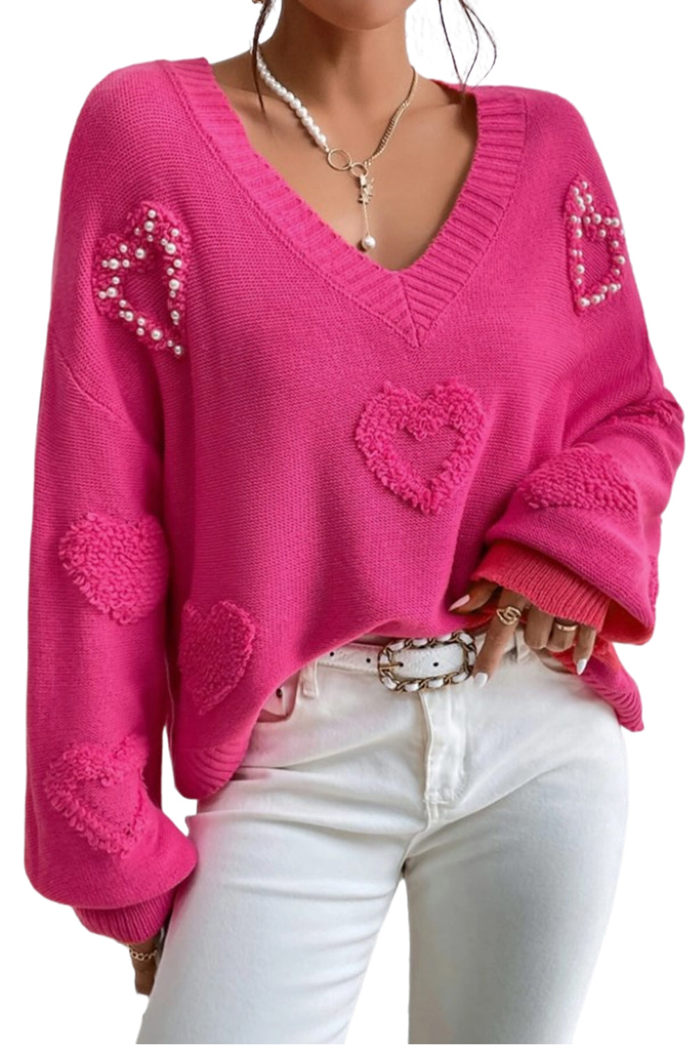 Sweater Rose Red Pearl Embellished Fuzzy Hearts V Neck