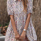 Pink Floral Button Shirt Collar Puff Sleeve Ruffle Dress