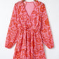 Fiery Red Floral Ruffle Layered Puff Sleeve Surplice Dress