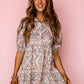 Pink Floral Button Shirt Collar Puff Sleeve Ruffle Dress