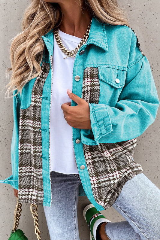 Denim Jacket Sky Blue Plaid Patchwork Pockets