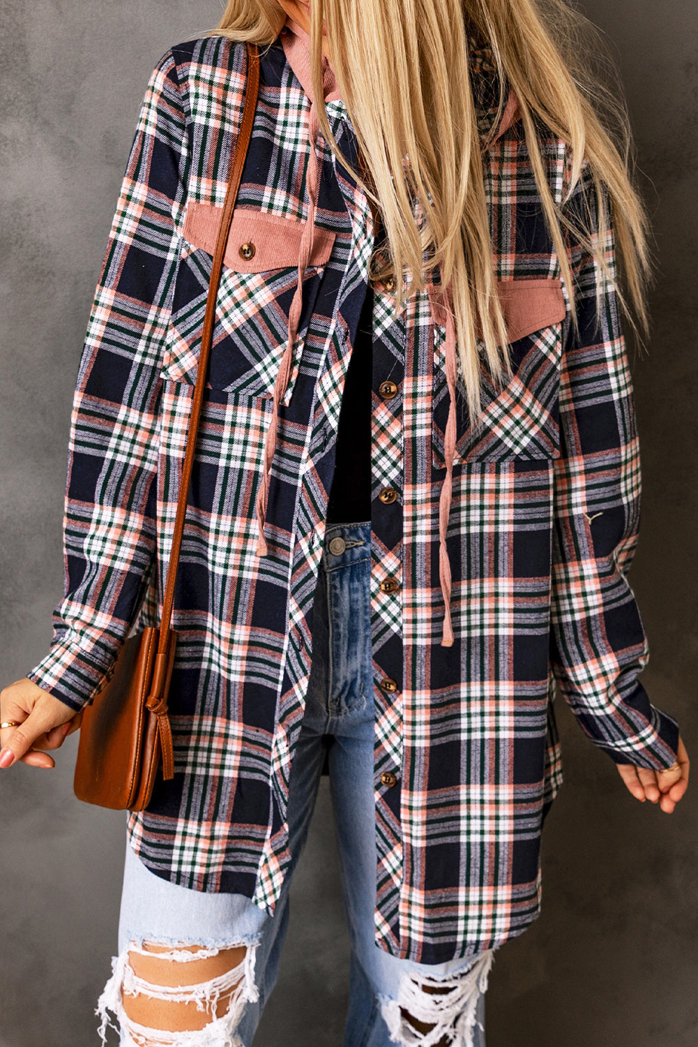 Jacket Shirt Jacket Pink Plaid Contrast Hooded Drawstring